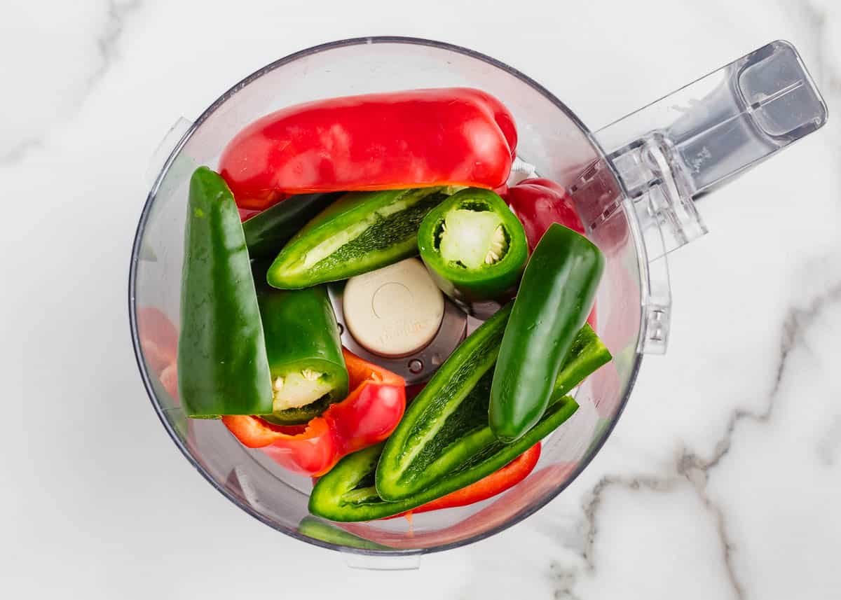 Jalepeno peppers in a food processor.