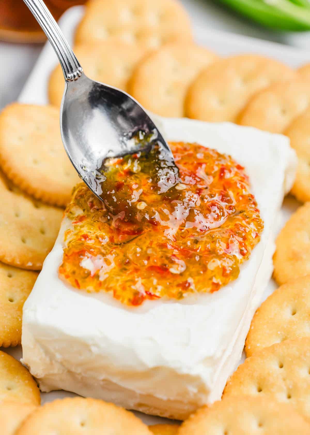 Jalepeno jelly over cream cheese and crackers.