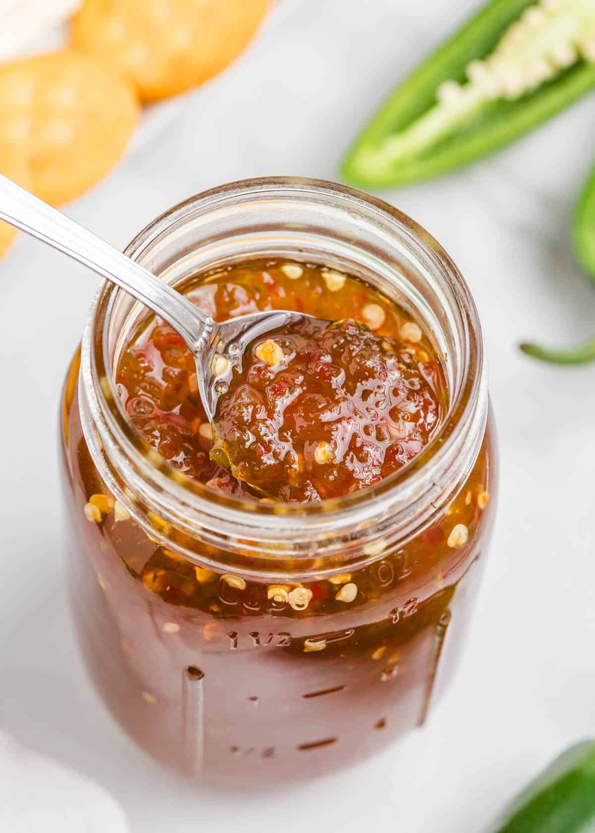 Jalepeno jelly in a jar.