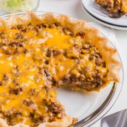 Taco pie in a glass dish.