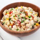 Bacon ranch pasta salad in a bowl.