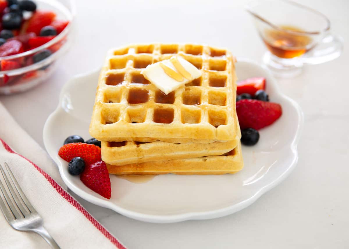 Buttermilk waffles on a plate.