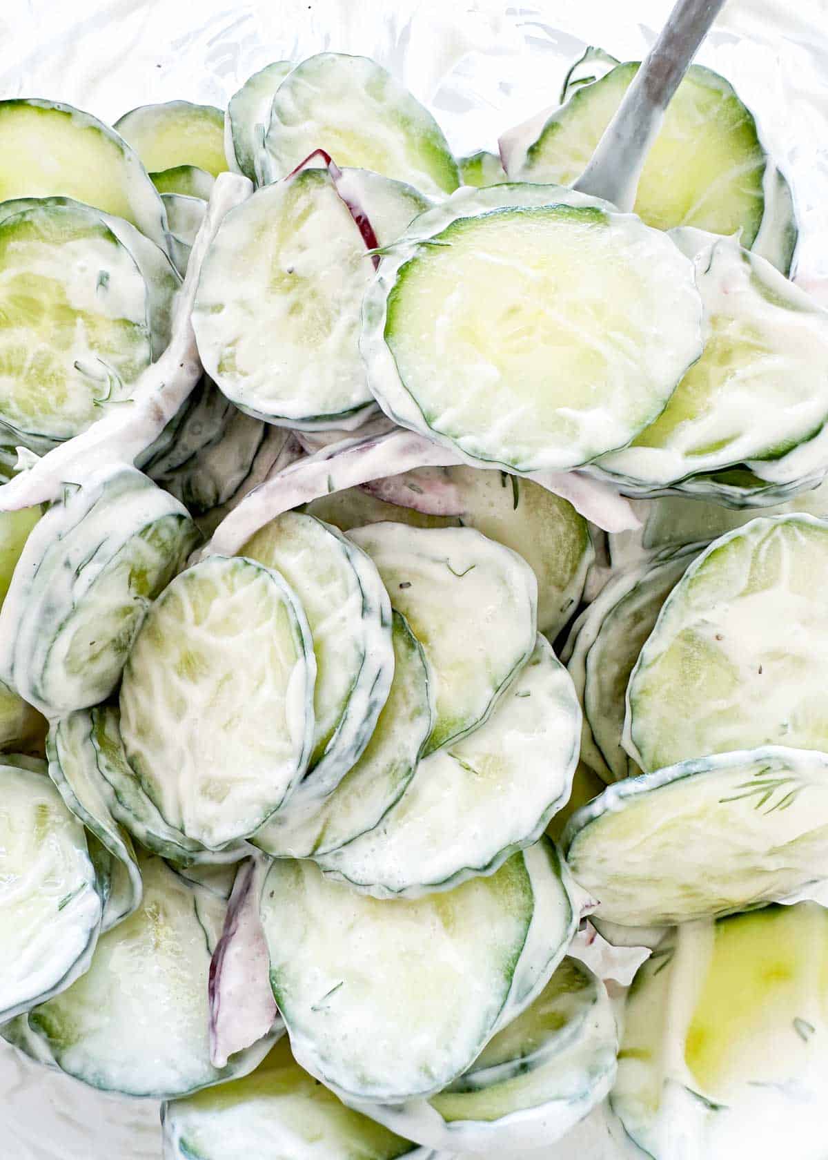 Creamy cucumber salad in a bowl.