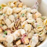 Bacon ranch pasta salad in a bowl.