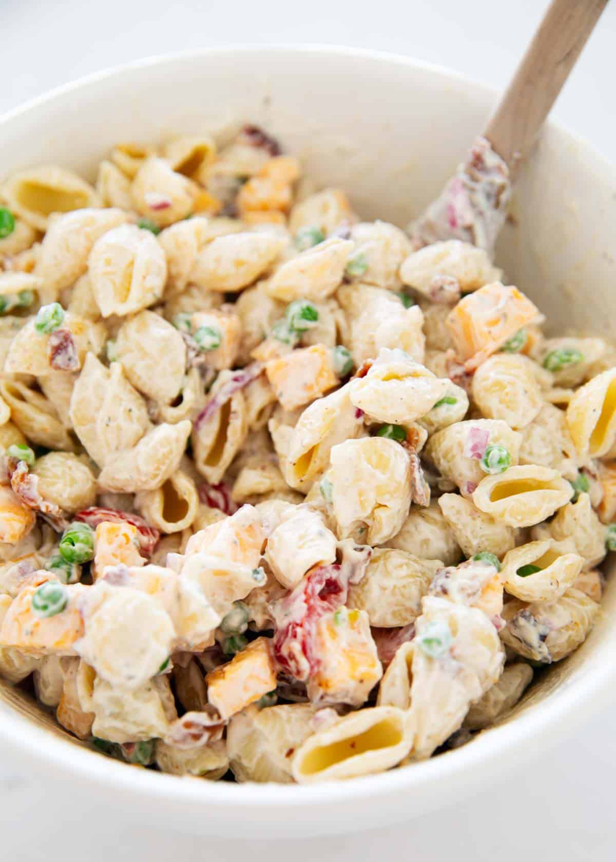 Bacon ranch pasta salad in a bowl.