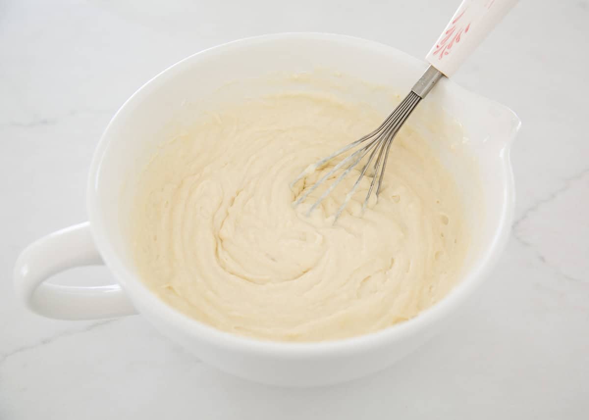 Mixing batter in a bowl.