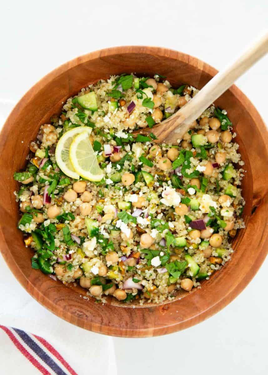 Jennifer Anniston salad in a wooden bowl.