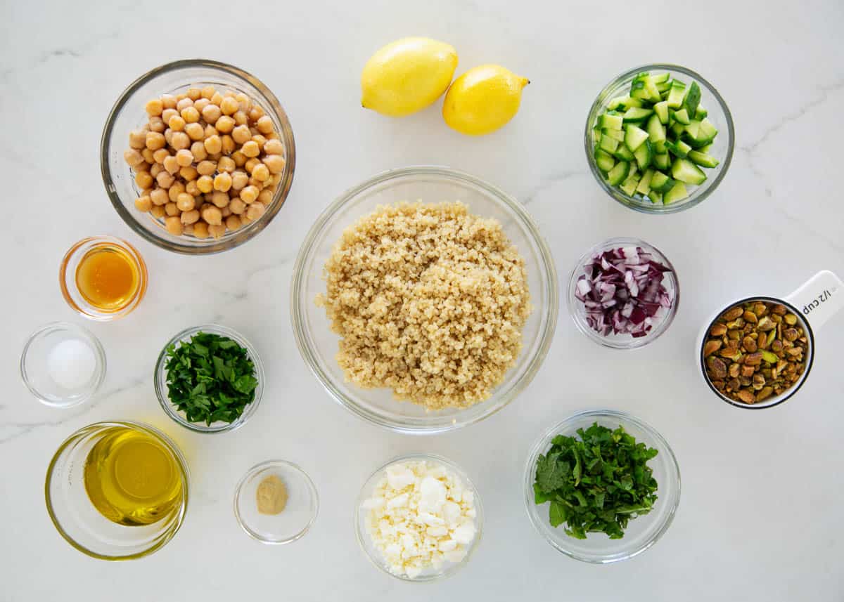 Jennifer Anniston salad ingredients on the counter.