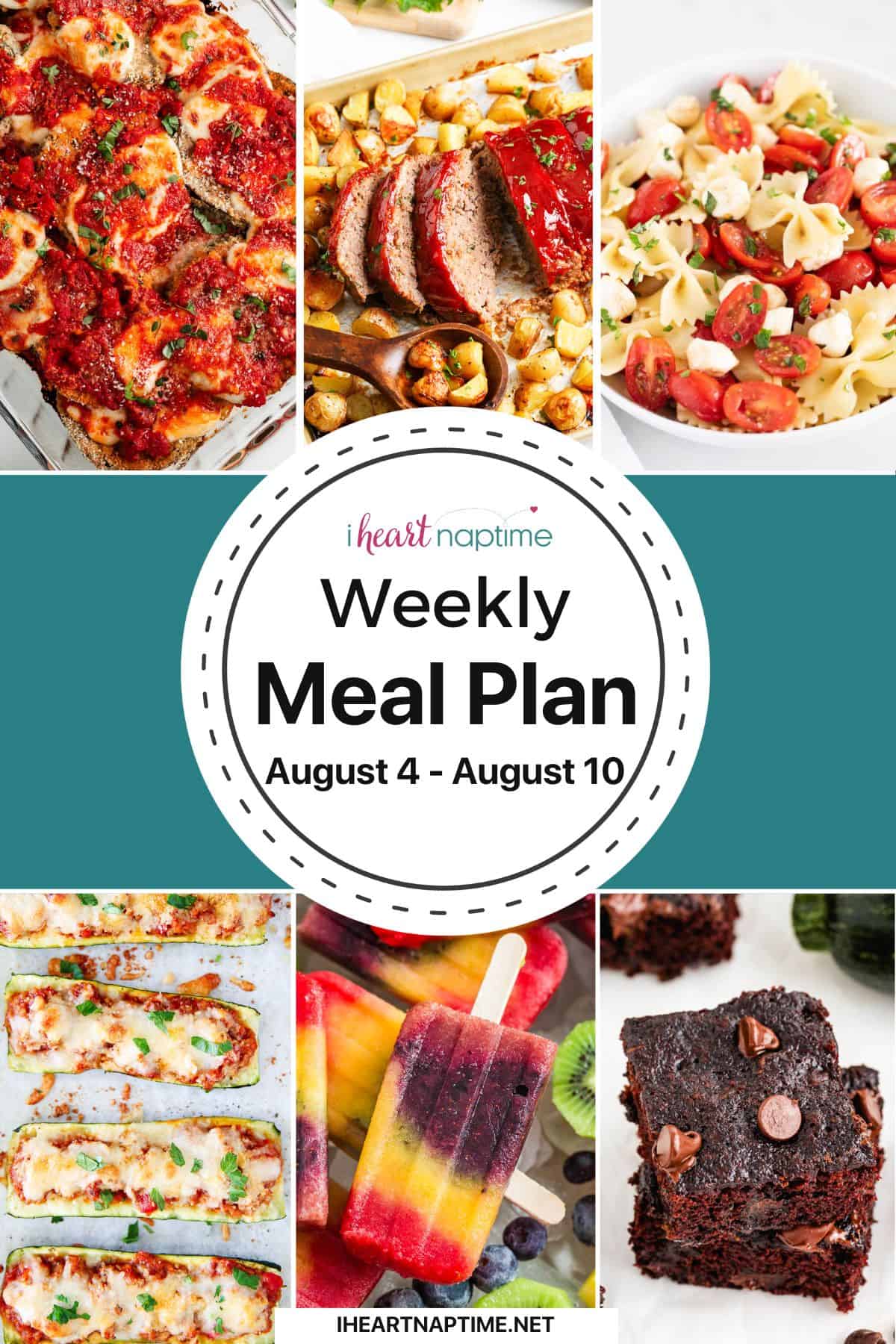 A photo collage of recipes for I Heart Naptime weekly meal plan.