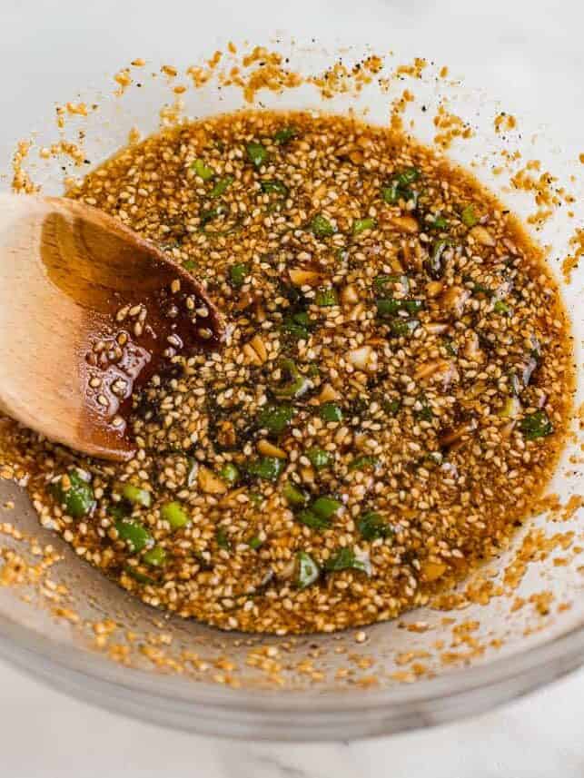 Making sesame seed marinade for beef bulgogi.