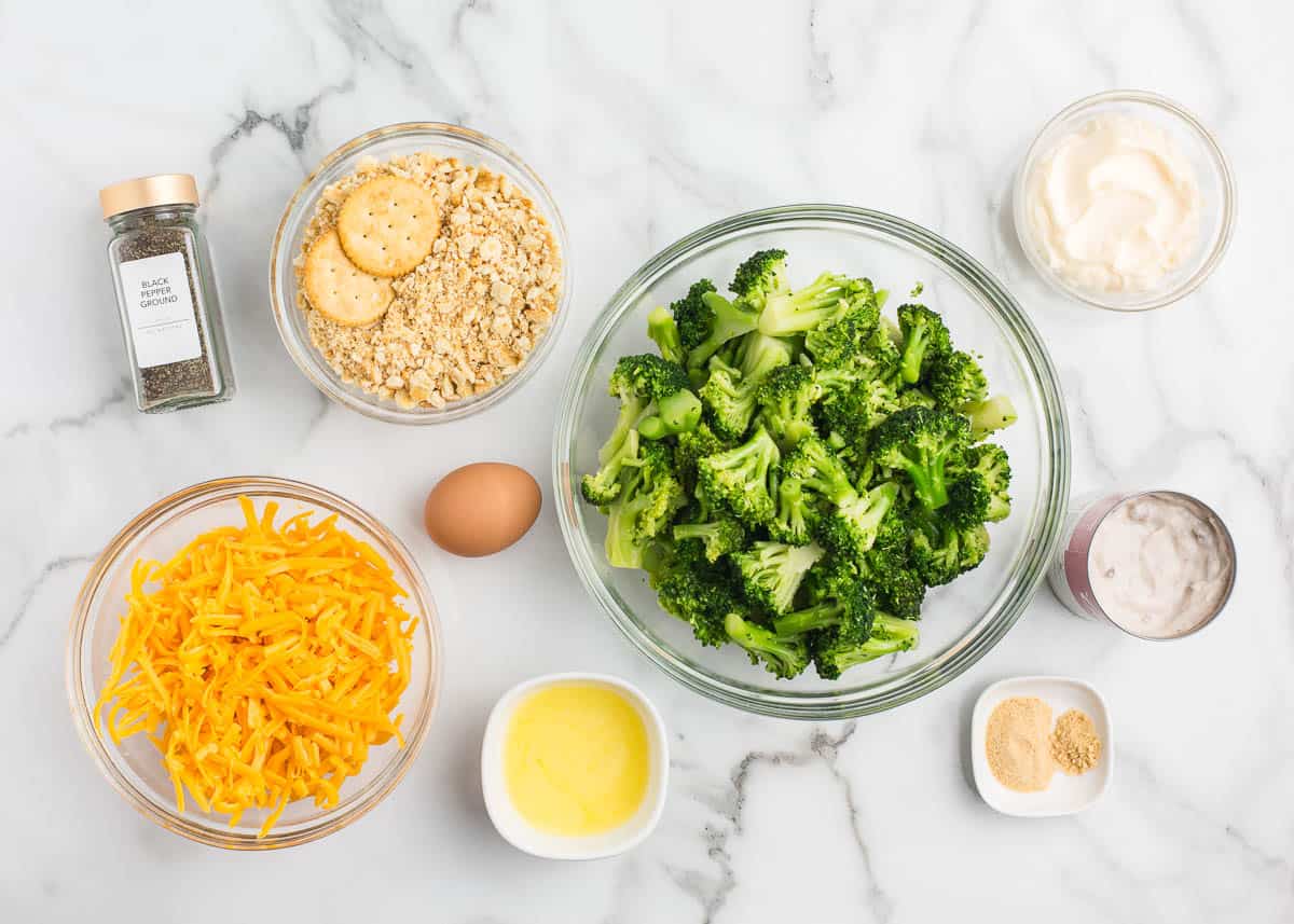 Broccoli cheese casserole ingredients.