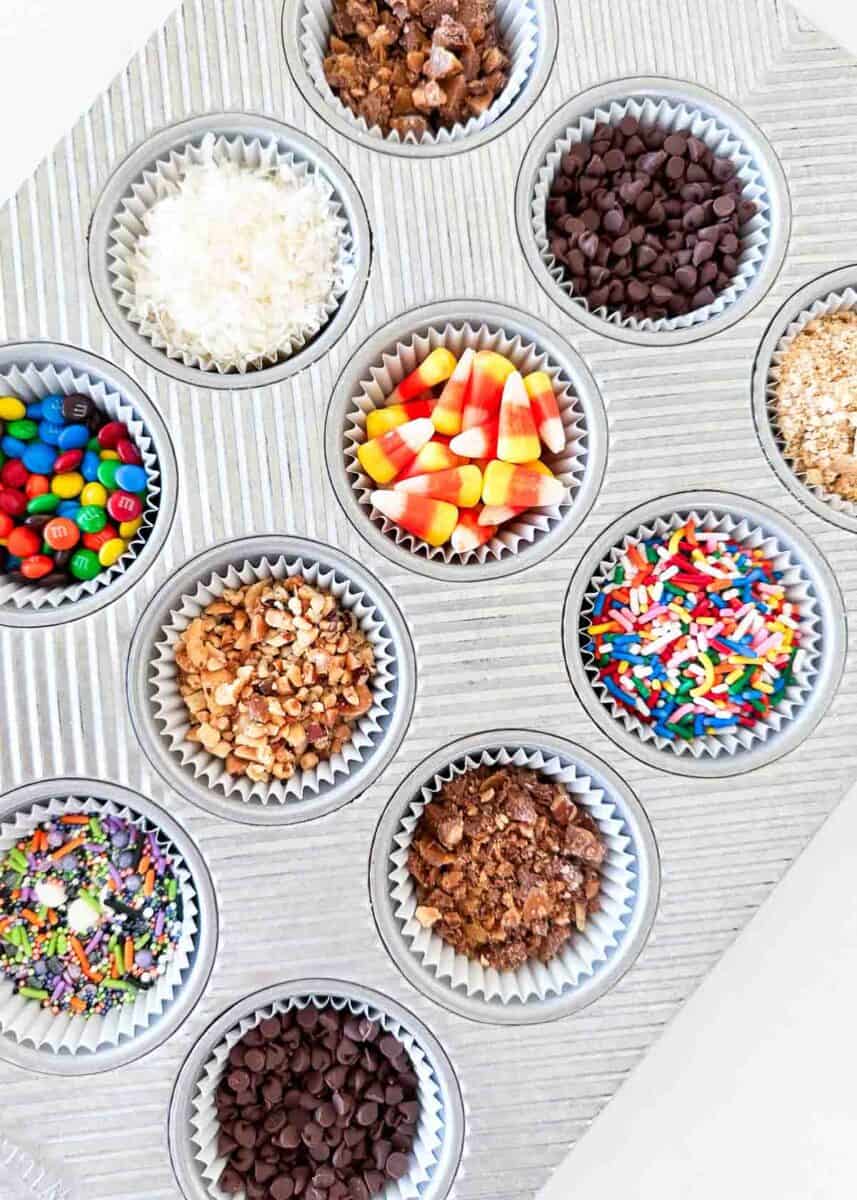 Toppings in muffin tin.