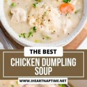 Chicken dumpling soup in a white bowl.