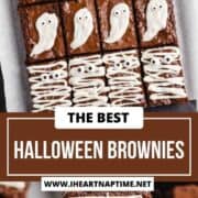 Sliced Halloween brownies decorated as mummies, ghosts and spiderwebs.