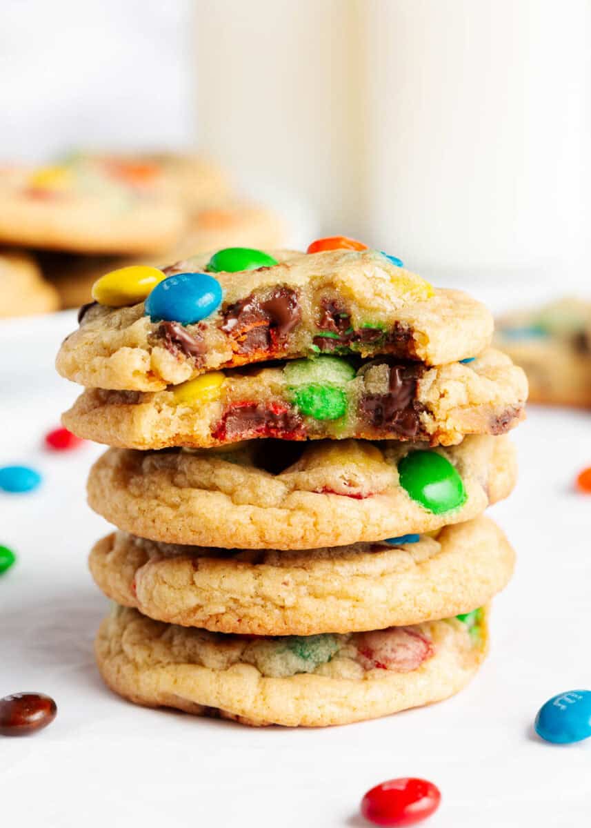 Stack of M&M cookies.