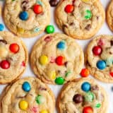 M&M cookies on counter.