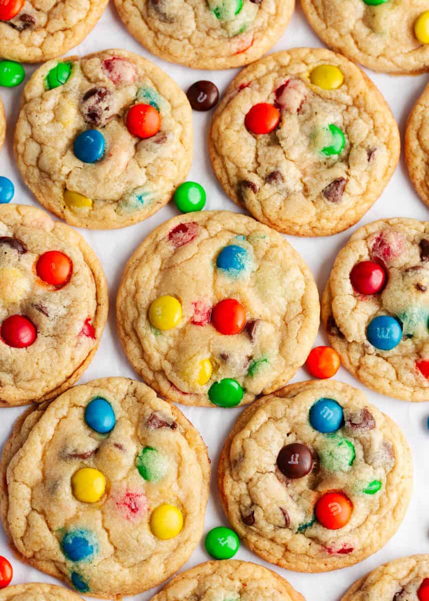 M&M cookies on counter.