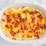 Mashed potato casserole in baking dish.