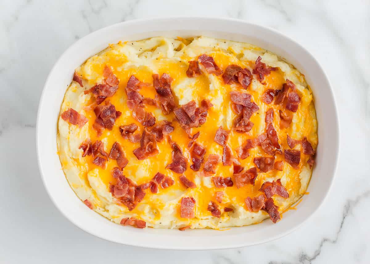 Mashed potato casserole in baking dish.