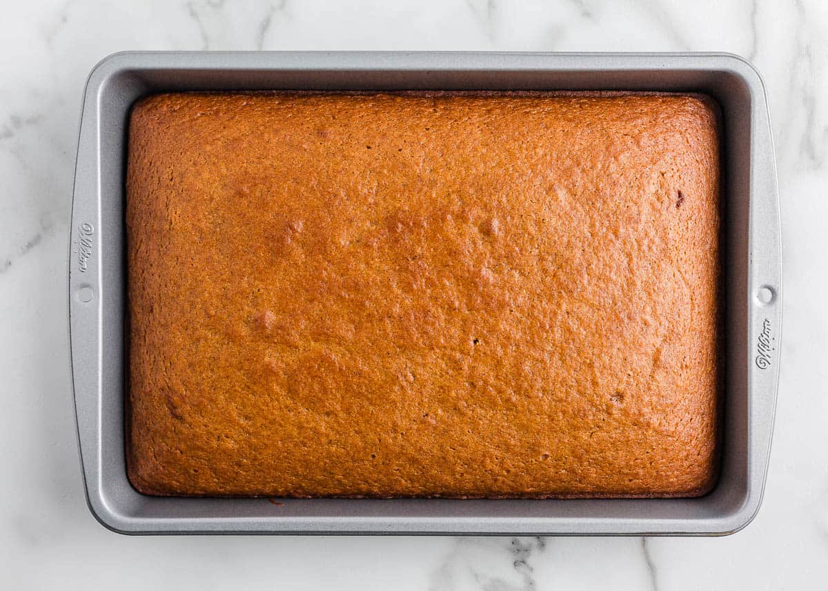 Pumpkin cake baked in baking sheet.