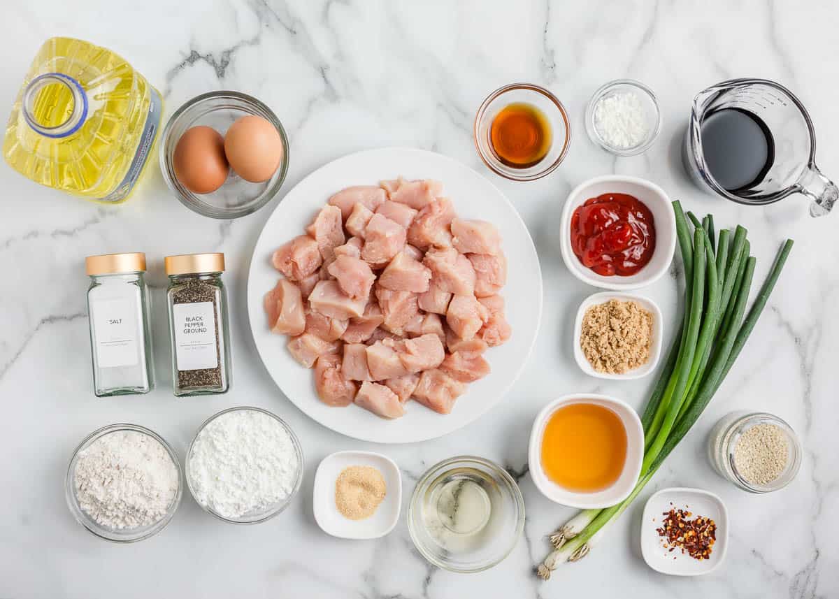 Sesame chicken ingredients on the counter.