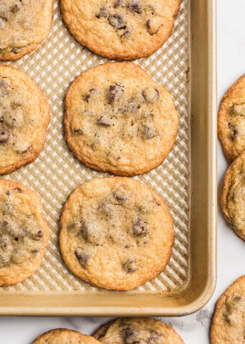 Toll house cookies on a baking sheet.