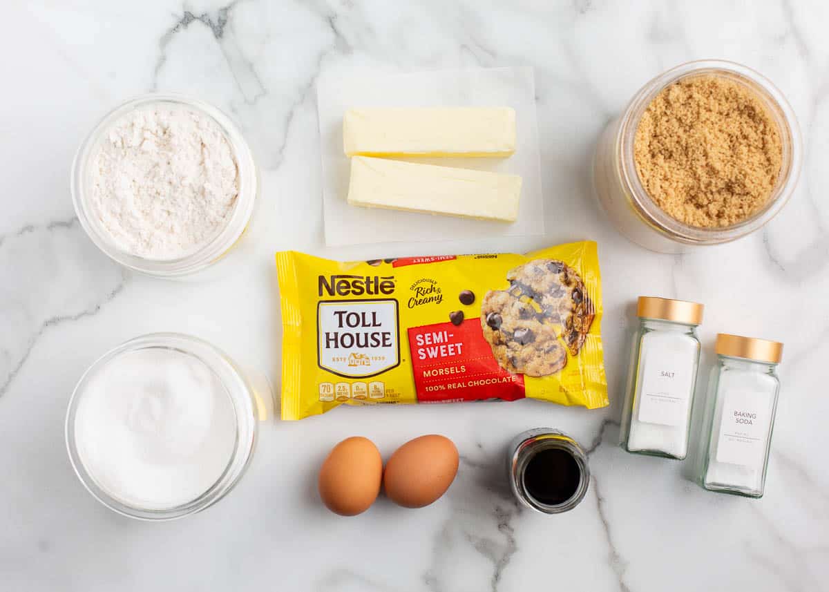 Toll house cookie ingredients on counter.