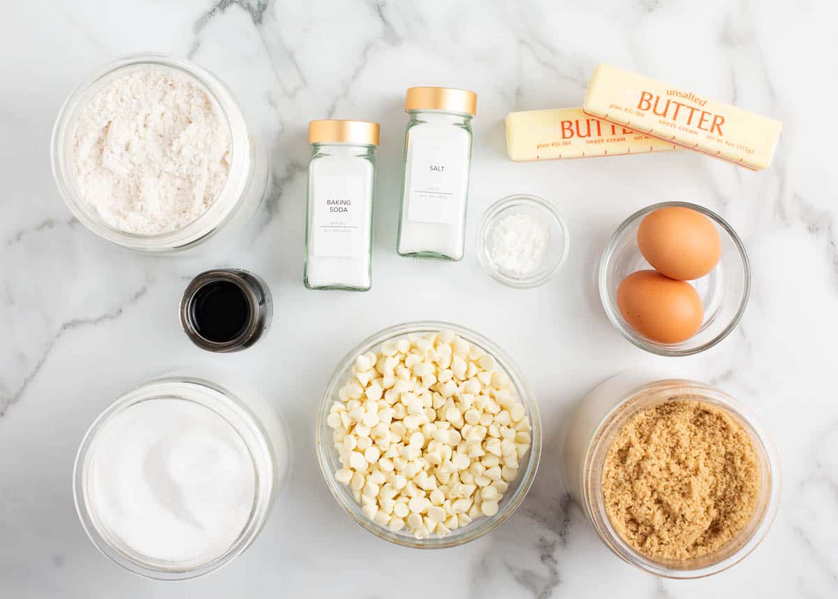 White chocolate chip cookie ingredients.