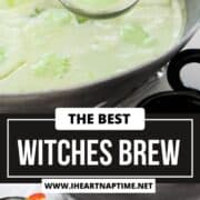 Witches brew in a punch bowl and then in a cup garnished with candy.