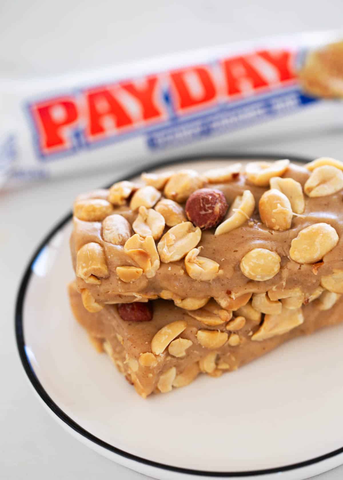 Payday candy bar on a plate.