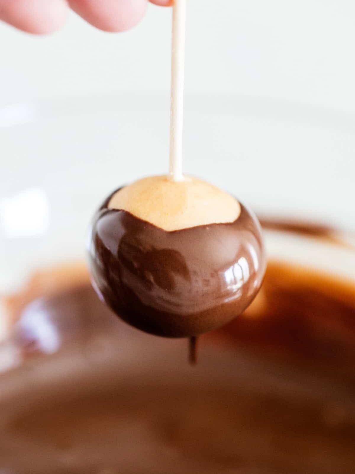 Dipping a buckeye into chocolate.