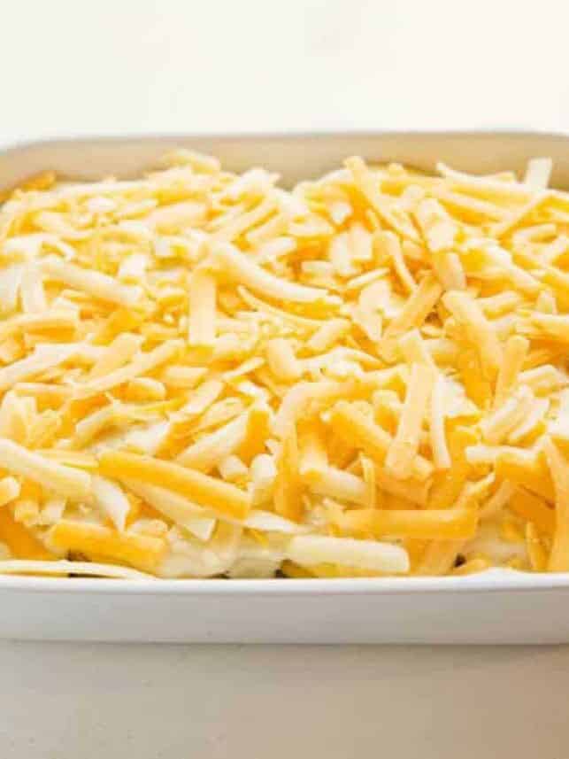 Scalloped potatoes assembled in baking dish with cheese on top.