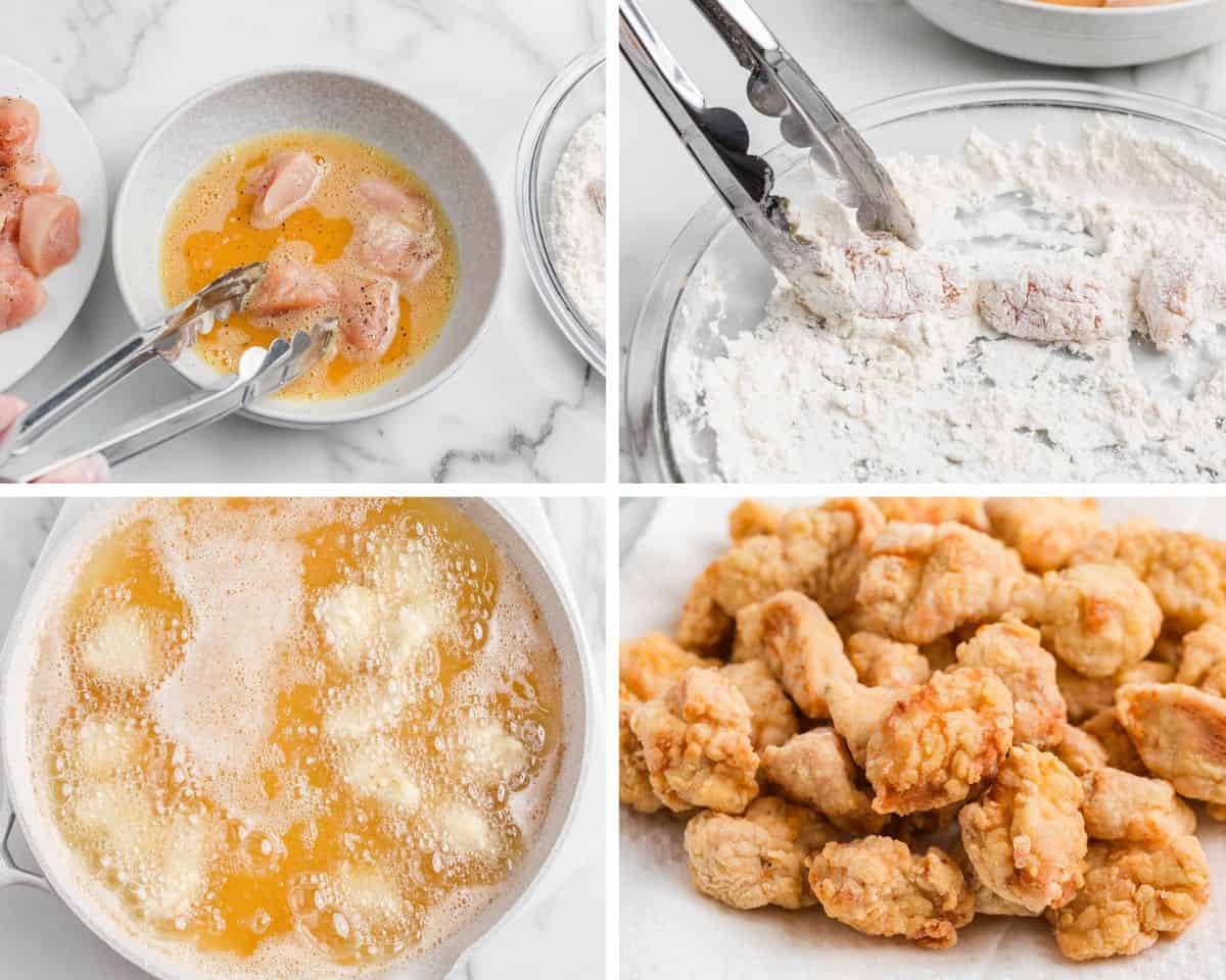 Showing how to make sesame chicken in a collage.