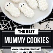 Mummy cookies on a plate.