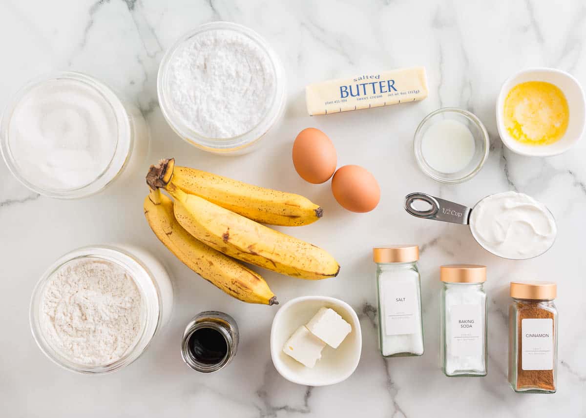 Cinnamon roll banana bread ingredients on the counter.