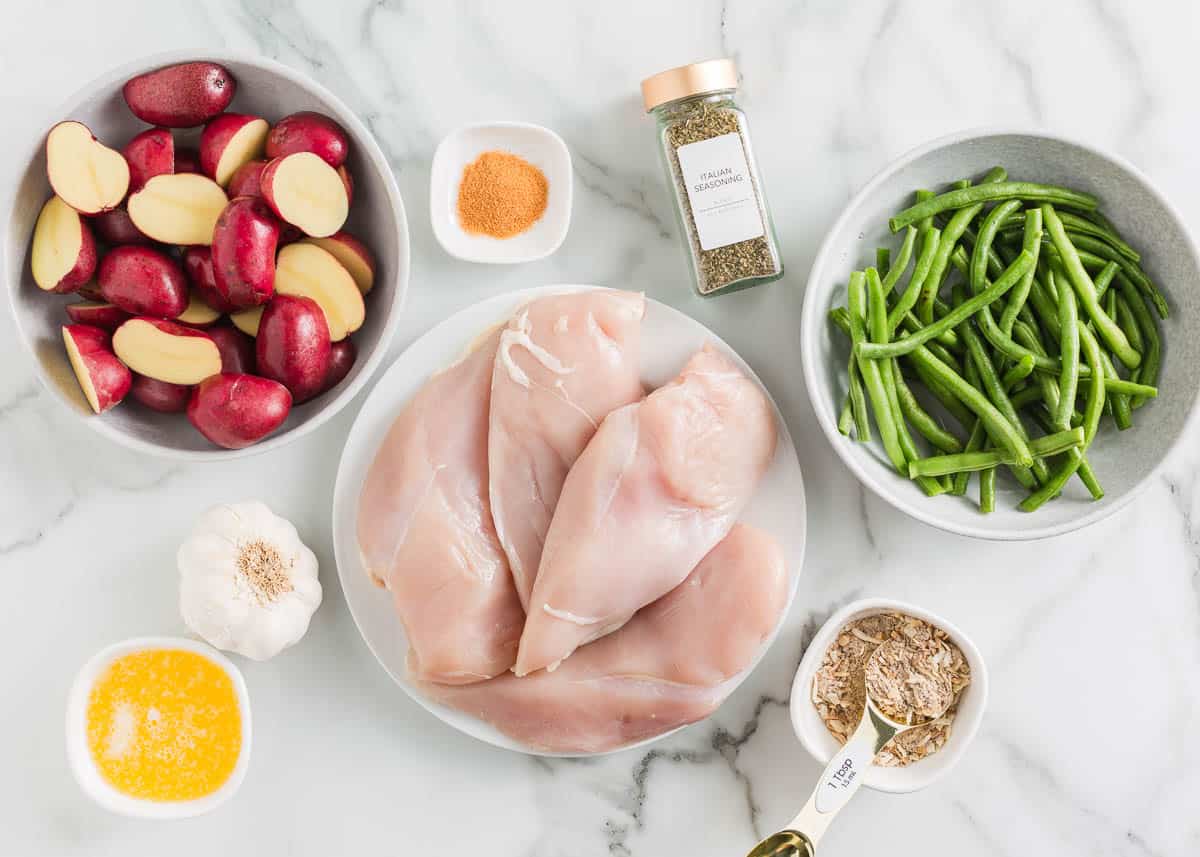 Crockpot chicken and potatoes ingredients.