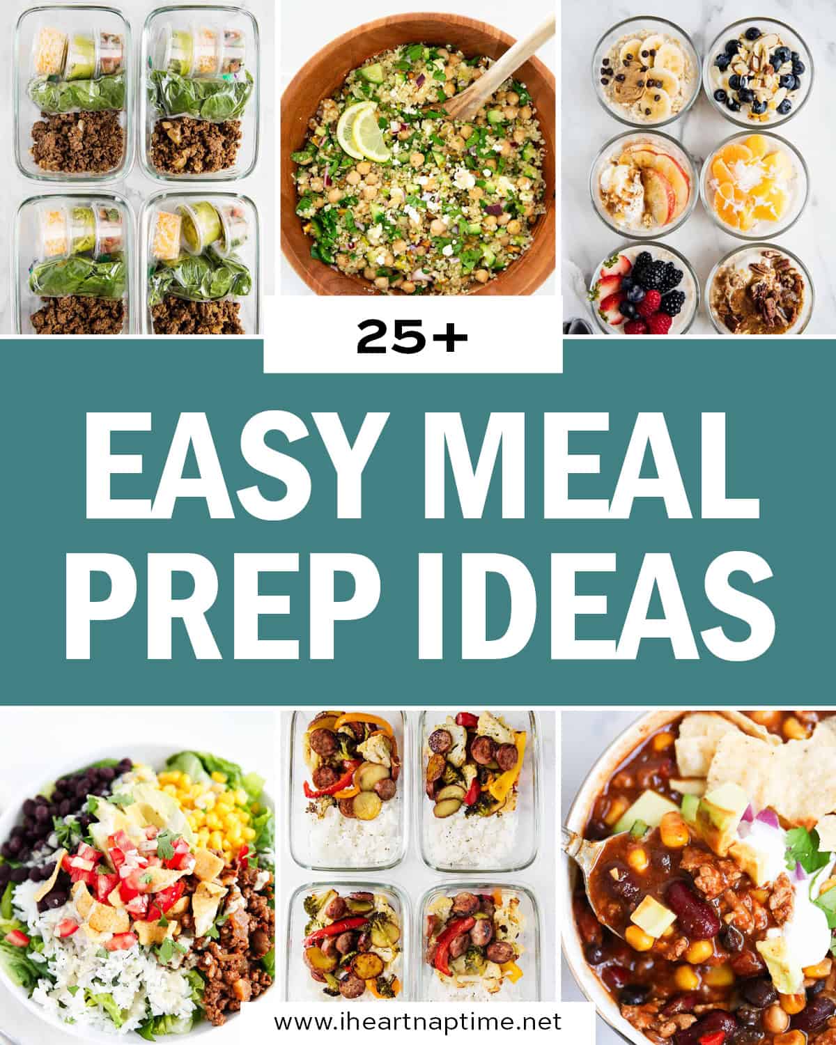 A collage of recipes for meal prep.