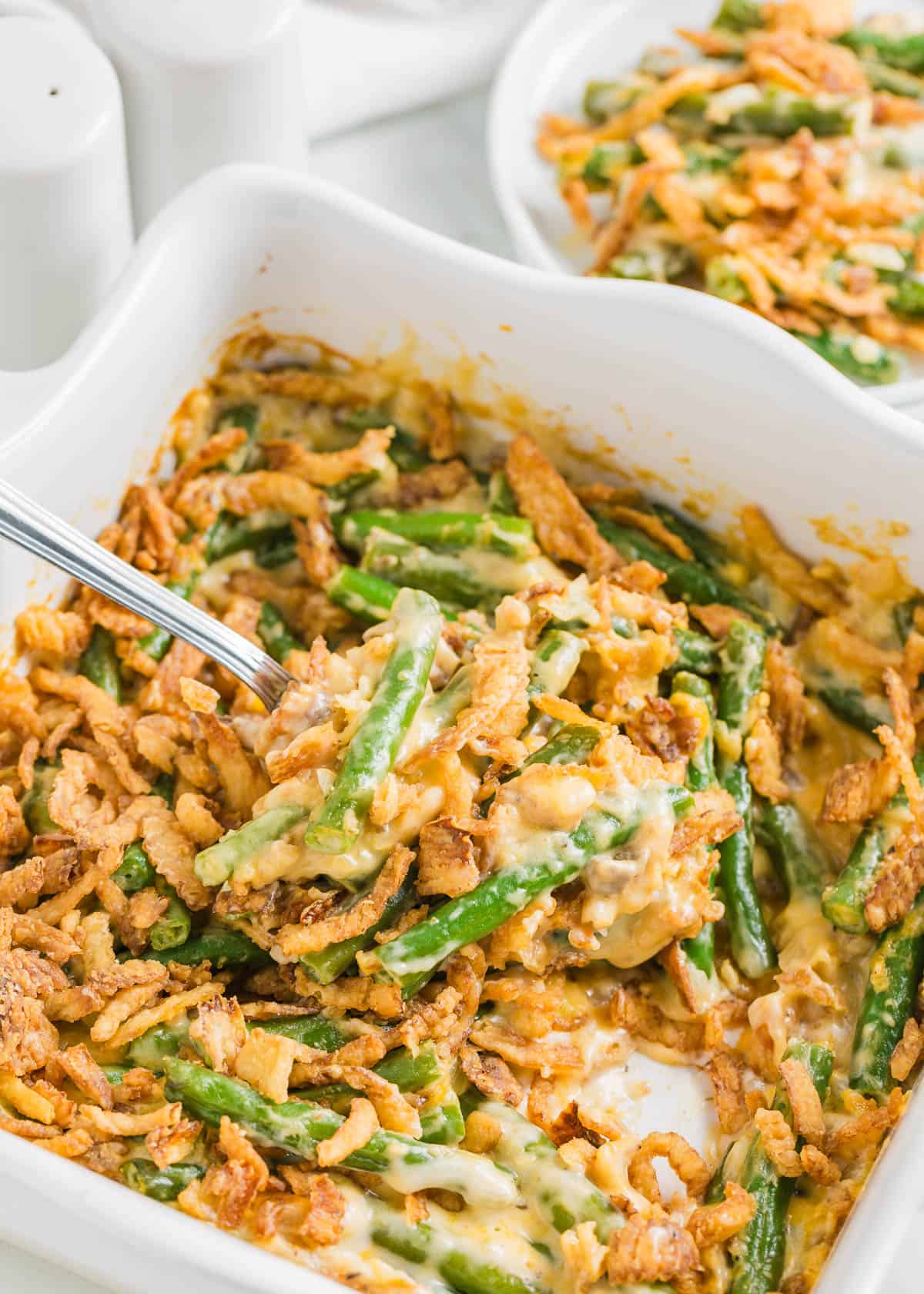 Green bean casserole in a baking dish.