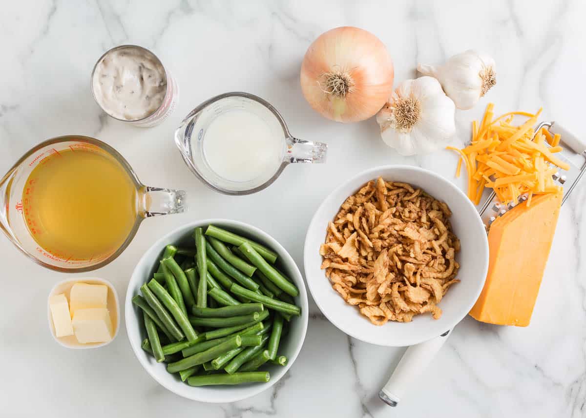 Green bean casserole ingredients on the counter.