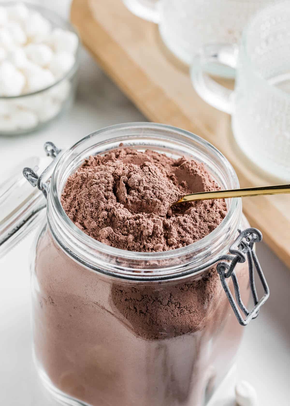 Jar with homemade hot chocolate mix.