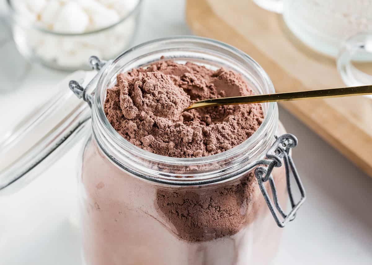 Jar with homemade hot chocolate mix.