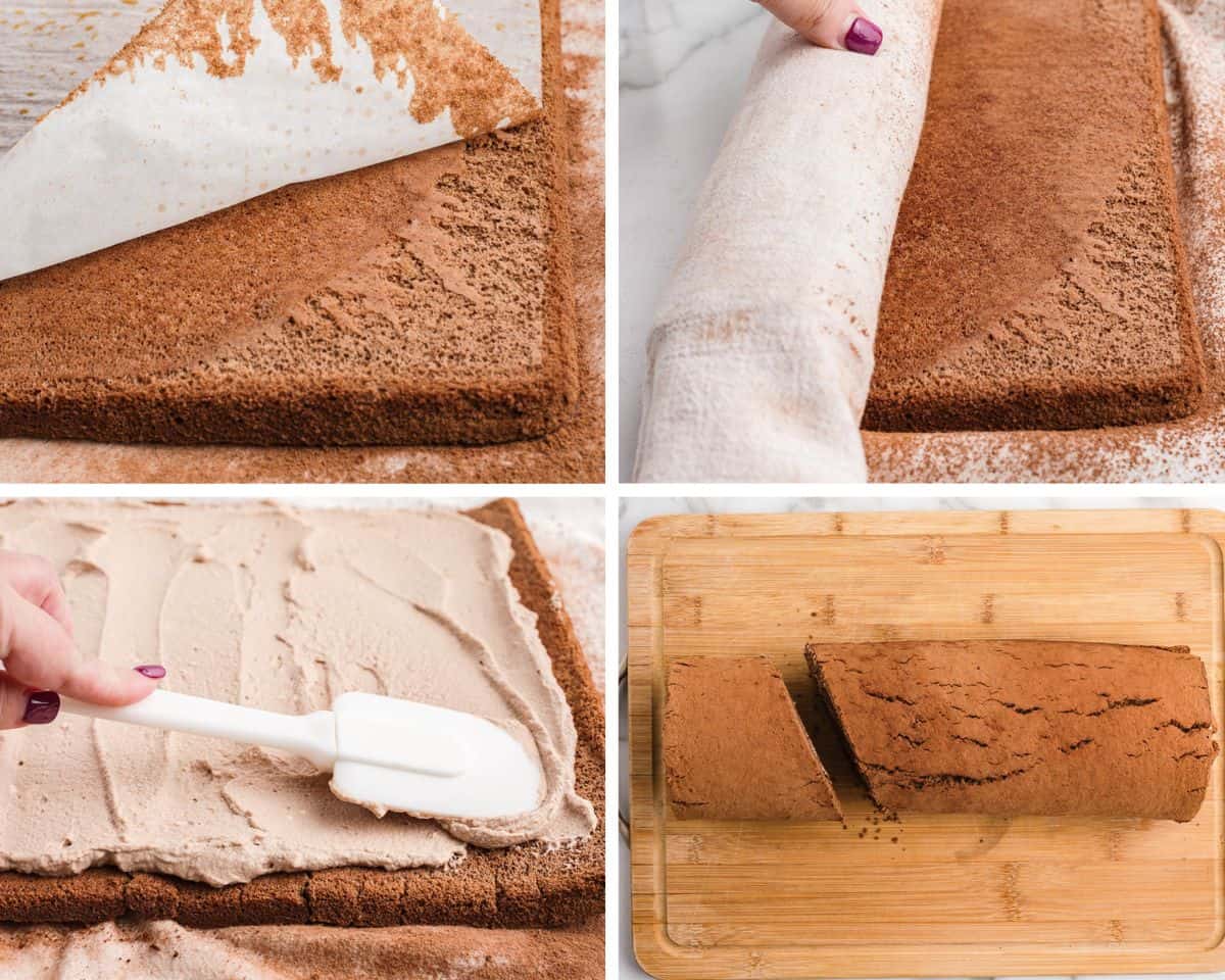 Showing how to make a yule log cake.