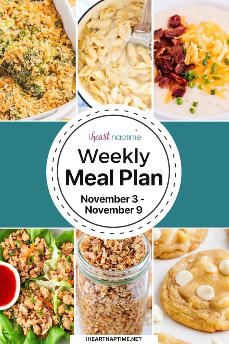 A photo collage of recipes for a weekly meal plan.