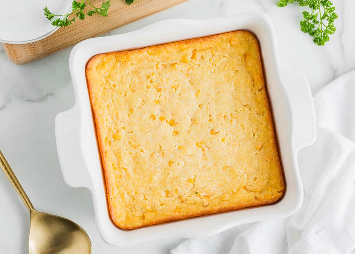 Jiffy corn pudding in baking sheet.