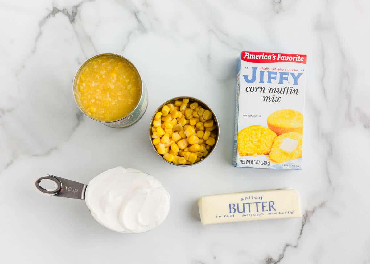 Jiffy corn pudding ingredients on counter.