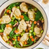 A large pot of potsticker soup.