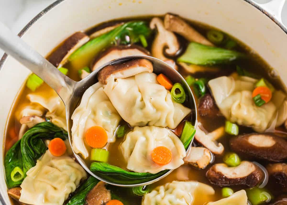 A ladle over a pot full of potsticker soup.