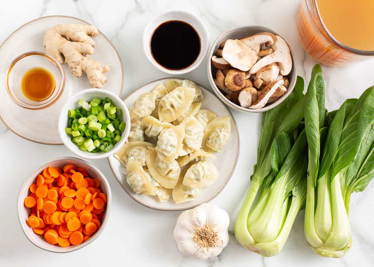 Ingredients for potsticker soup on counter.