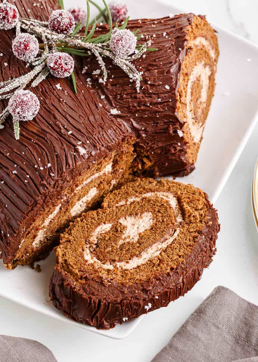 Slice of yule log cake.