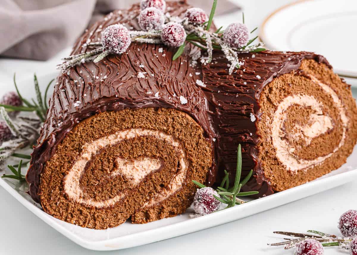 Yule log cake on a plate.